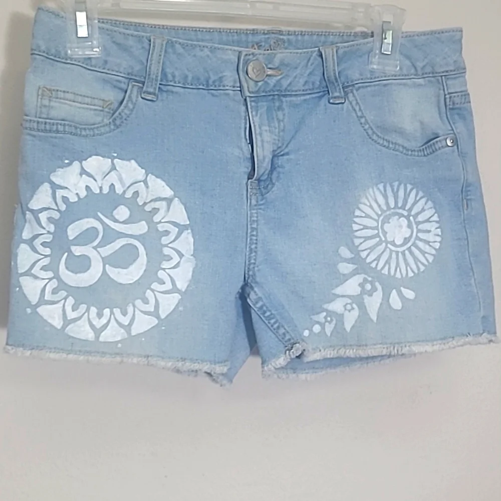 Shorts cut off blue jean denim shorty with custom Om & Mandela designs Bohemian